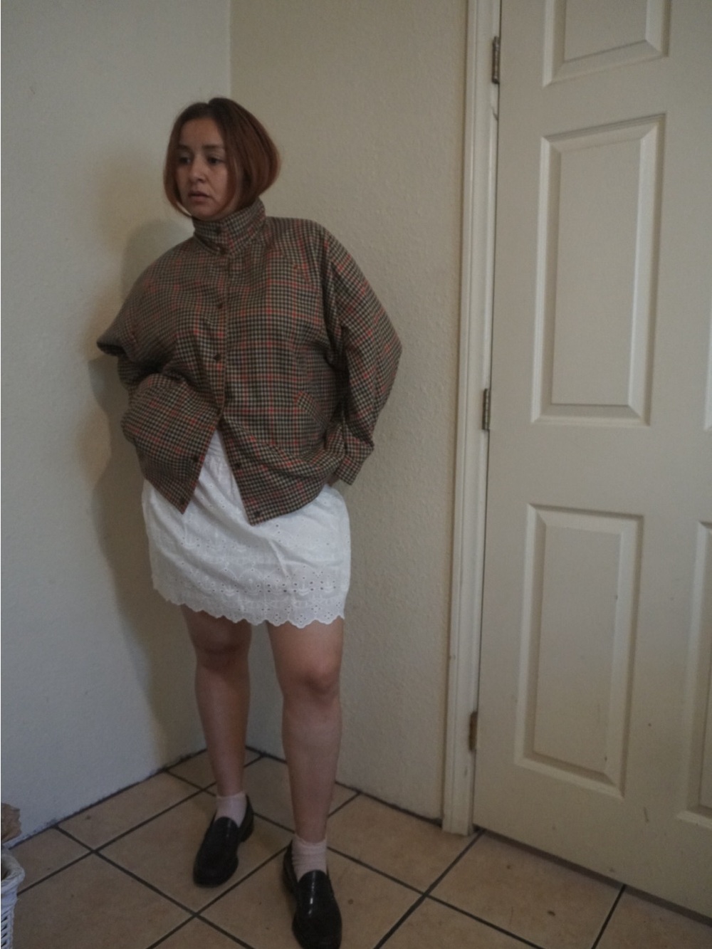 Women's Plaid Utility Jacket with Stand Collar - Tan/Green/Red vintage